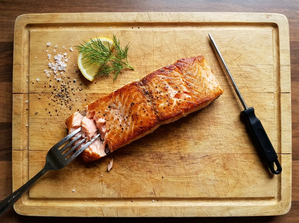 Cooked salmon fillet flaked open with a meat thermometer, salmon cooking times and temperatures