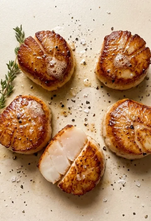 Pan-seared scallops with golden crust, one cut to show the just-opaque centre
