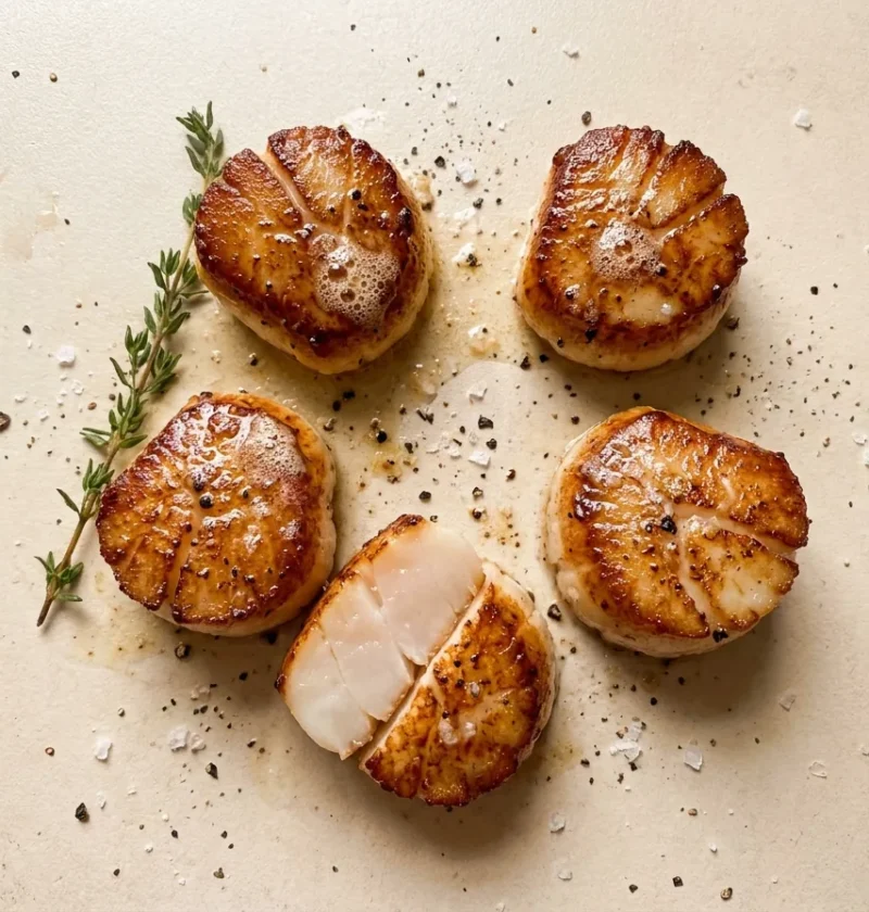 Pan-seared scallops with golden crust, one cut to show the just-opaque centre
