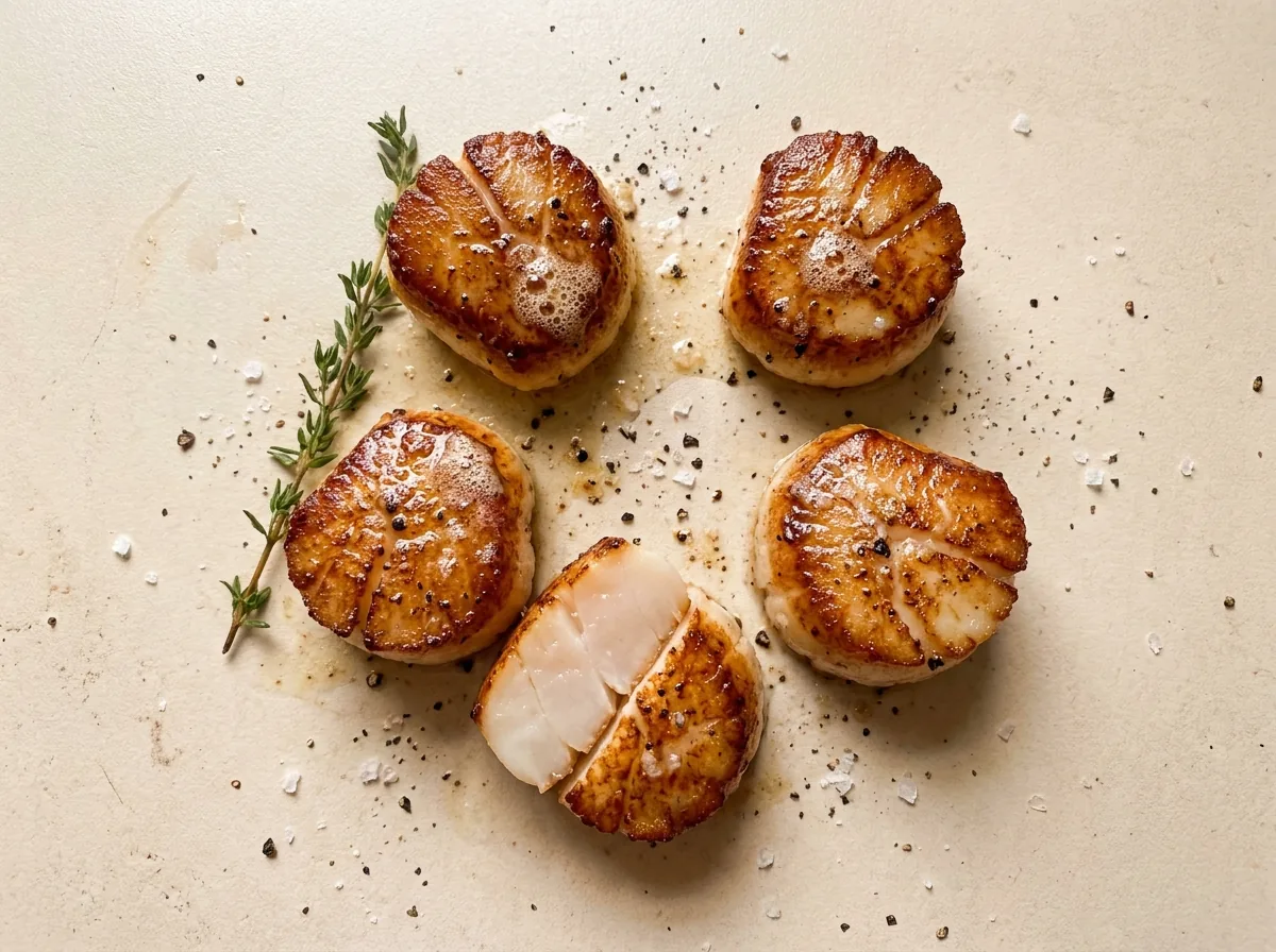 Pan-seared scallops with golden crust, one cut to show the just-opaque centre