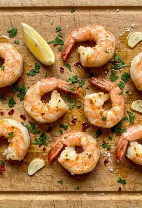 Pan-seared prawns curled into a C shape, bright pink and opaque, shrimp cooking times