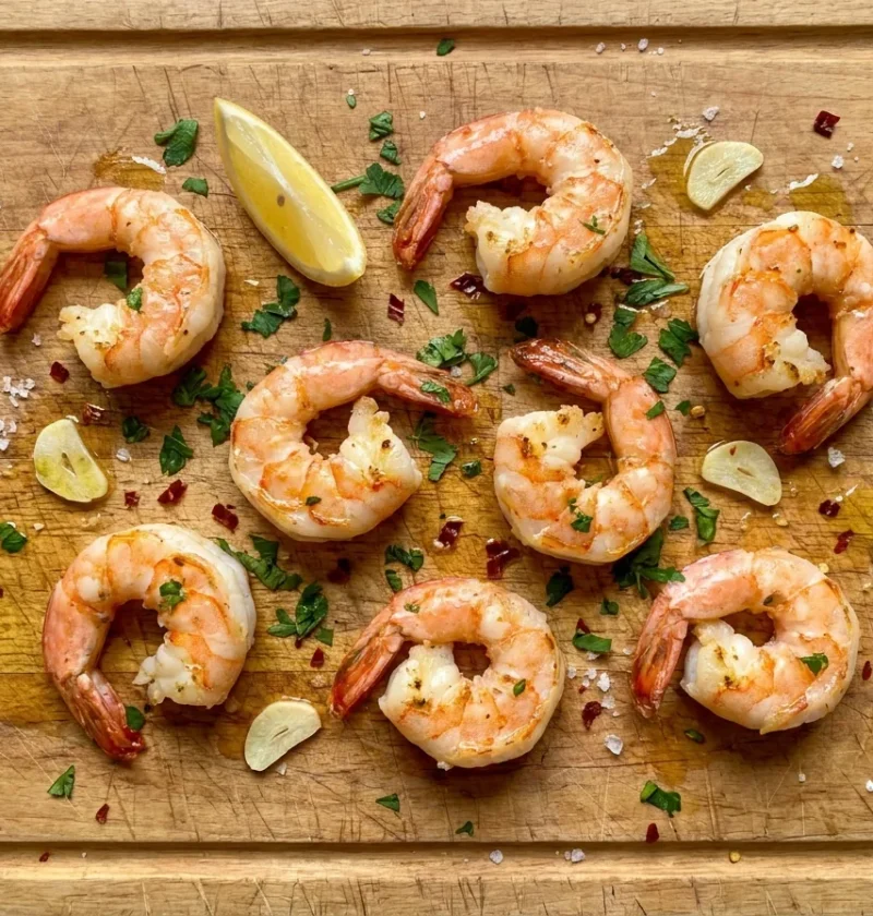 Pan-seared prawns curled into a C shape, bright pink and opaque, shrimp cooking times