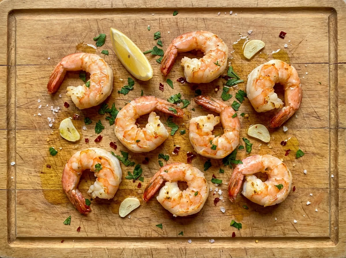 Pan-seared prawns curled into a C shape, bright pink and opaque, shrimp cooking times