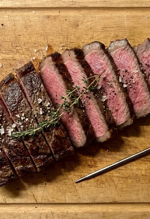 Sliced medium-rare steak with a meat thermometer showing steak cooking times and temperatures