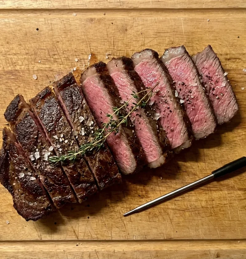 Sliced medium-rare steak with a meat thermometer showing steak cooking times and temperatures