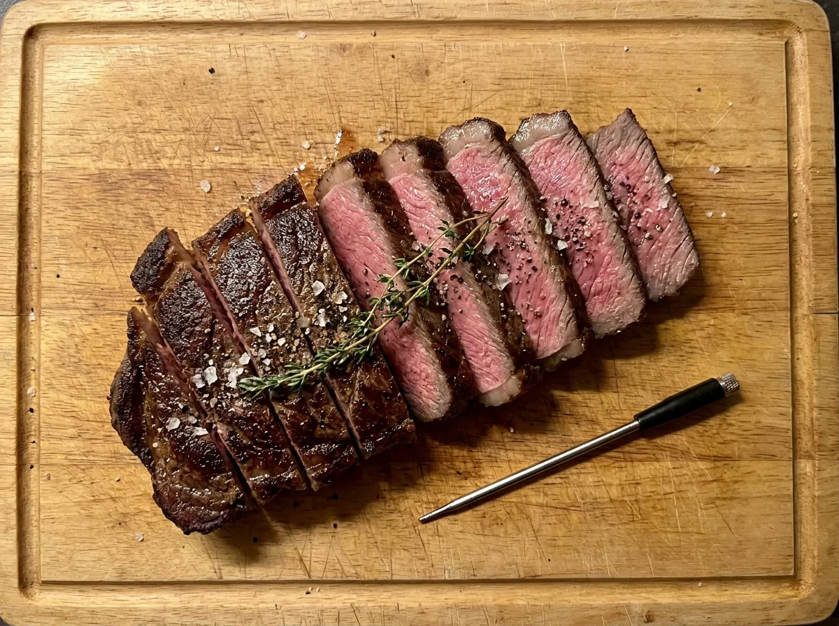 Sliced medium-rare steak with a meat thermometer, steak cooking times and temperatures
