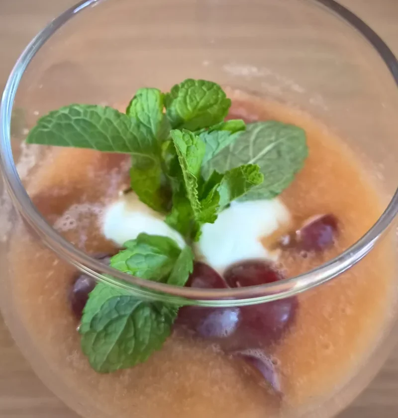 Chilled melon soup with grapes, creme fraiche and mint, made and photographed by reader Alex Sunins