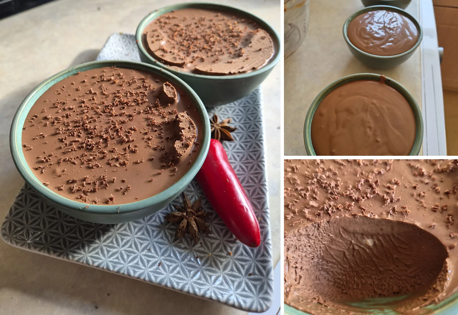 Gordon Ramsay chocolate mousse cooked by reader Alex Sunins, styled with red chilli and star anise, with prep bowls and scooped mousse texture