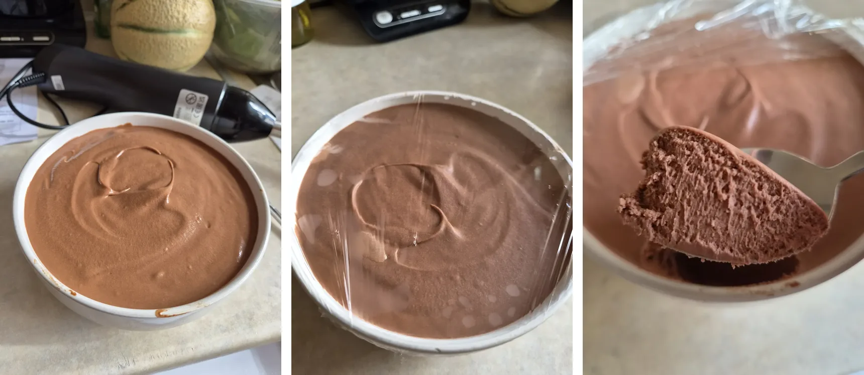 Gordon Ramsay chocolate mousse fixed by reader Alex Sunins, three stages: blended mousse in the bowl, covered for chilling, airy texture on the spoon
