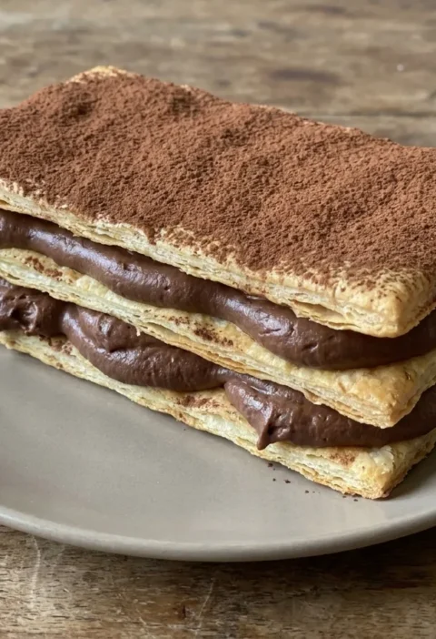 Chocolate mille feuille layered with dark chocolate cream piped between four sheets of crisp puff pastry and dusted with cocoa