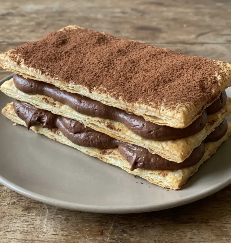Chocolate mille feuille layered with dark chocolate cream piped between four sheets of crisp puff pastry and dusted with cocoa