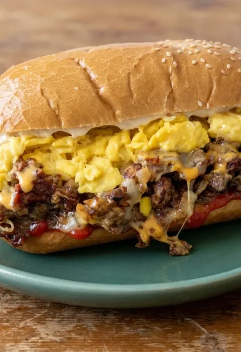 Chopped sausage sandwich in a sesame sub roll with caramelised sausage, melted cheese and big scrambled egg curds spilling out