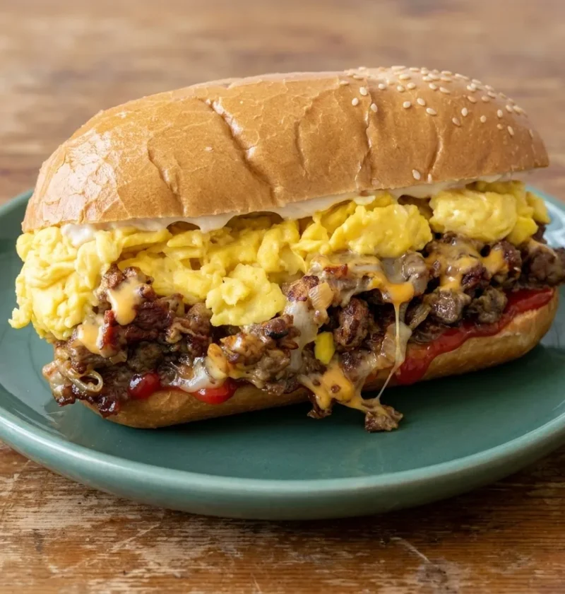 Chopped sausage sandwich in a sesame sub roll with caramelised sausage, melted cheese and big scrambled egg curds spilling out