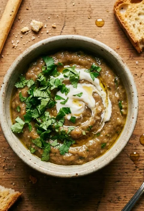 Gordon Ramsay aubergine caviar dip in a rustic bowl with crostini and breadsticks