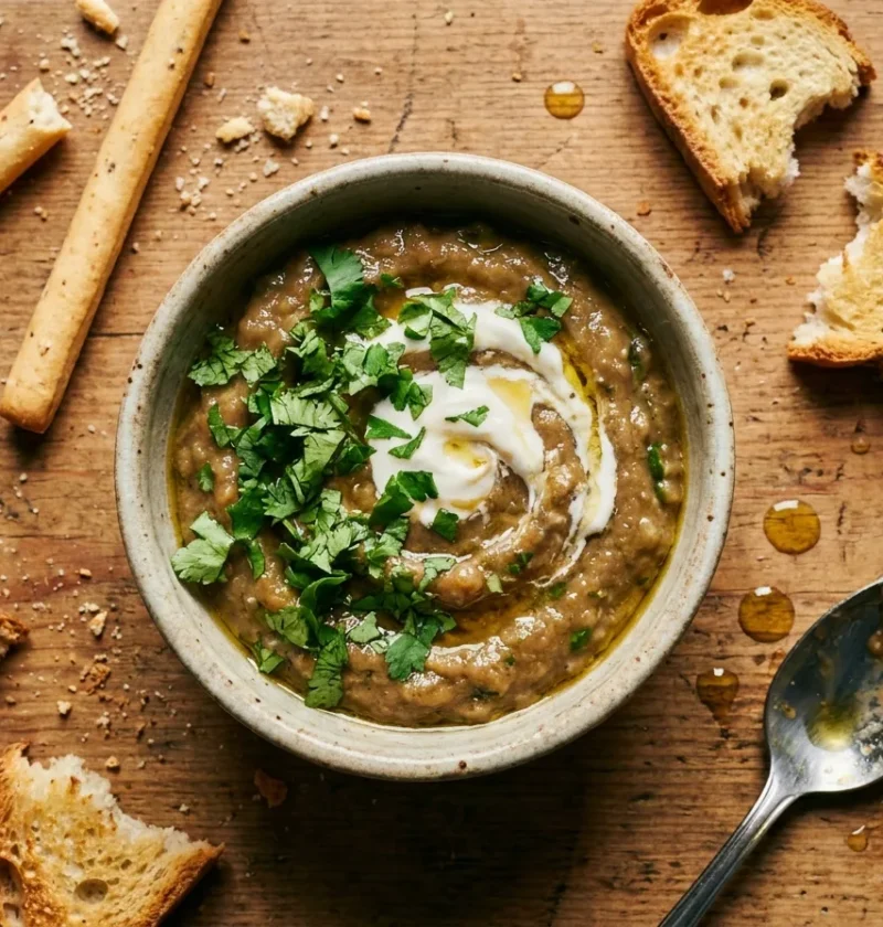 Gordon Ramsay aubergine caviar dip in a rustic bowl with crostini and breadsticks