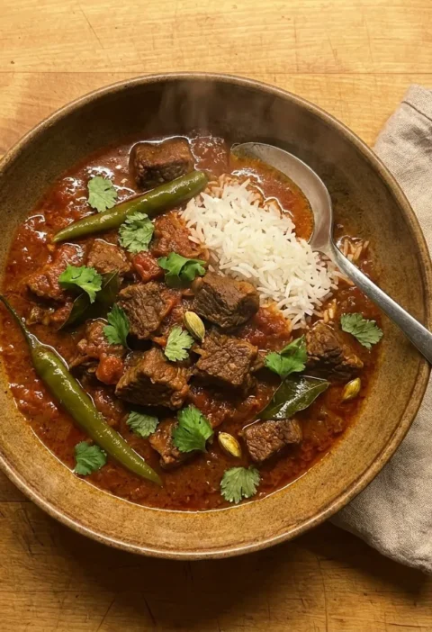 Gordon Ramsay beef curry with tender braising steak and whole green chillies in a spiced tomato sauce with basmati rice
