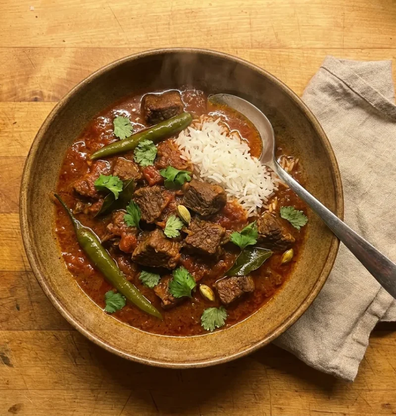 Gordon Ramsay beef curry with tender braising steak and whole green chillies in a spiced tomato sauce with basmati rice