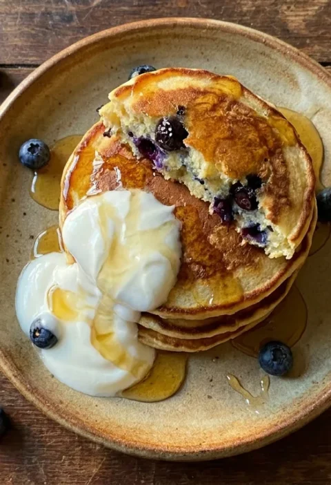 Gordon Ramsay blueberry ricotta pancakes with Greek yoghurt and honey on a ceramic plate