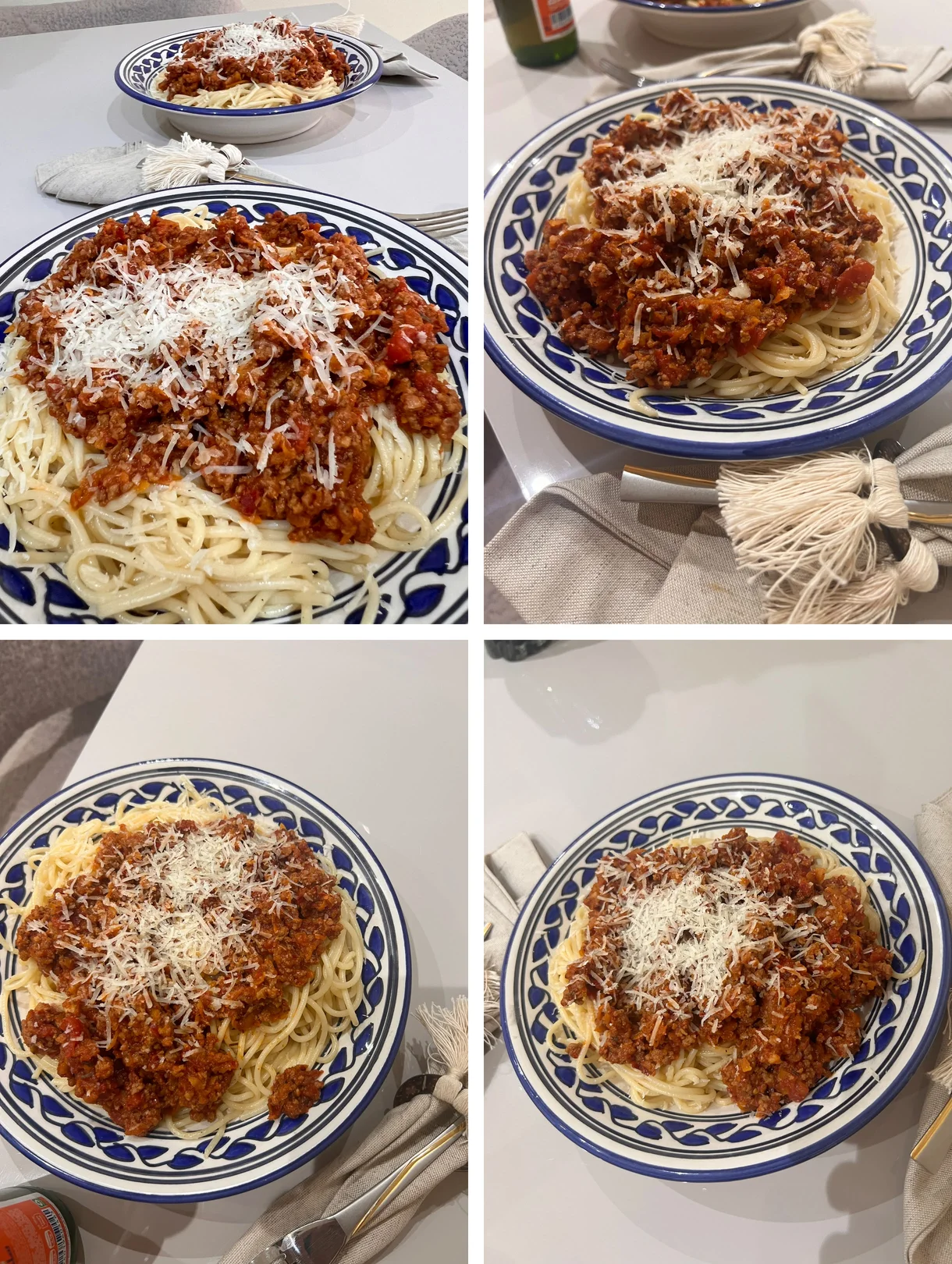 Four plates of Gordon Ramsay spaghetti bolognese cooked at home, served in blue patterned bowls with grated Parmesan