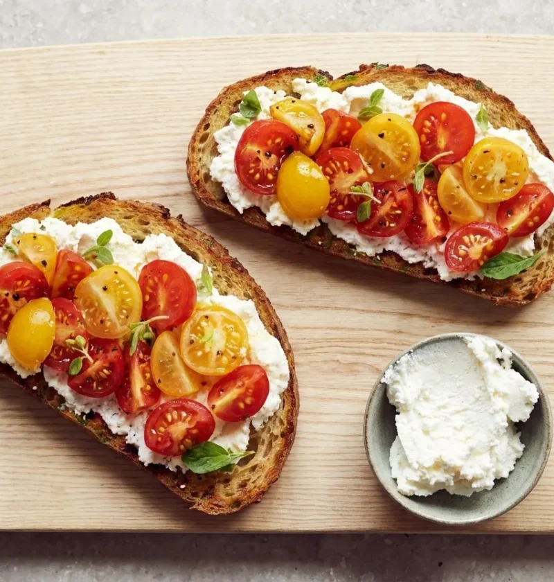 Gordon Ramsay bruschetta with ricotta and dressed red and yellow cherry tomatoes on toasted sourdough slices