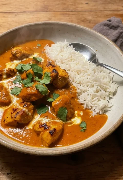Gordon Ramsay butter chicken with golden marinated chicken cubes in a smooth velvety tomato cream sauce with basmati rice