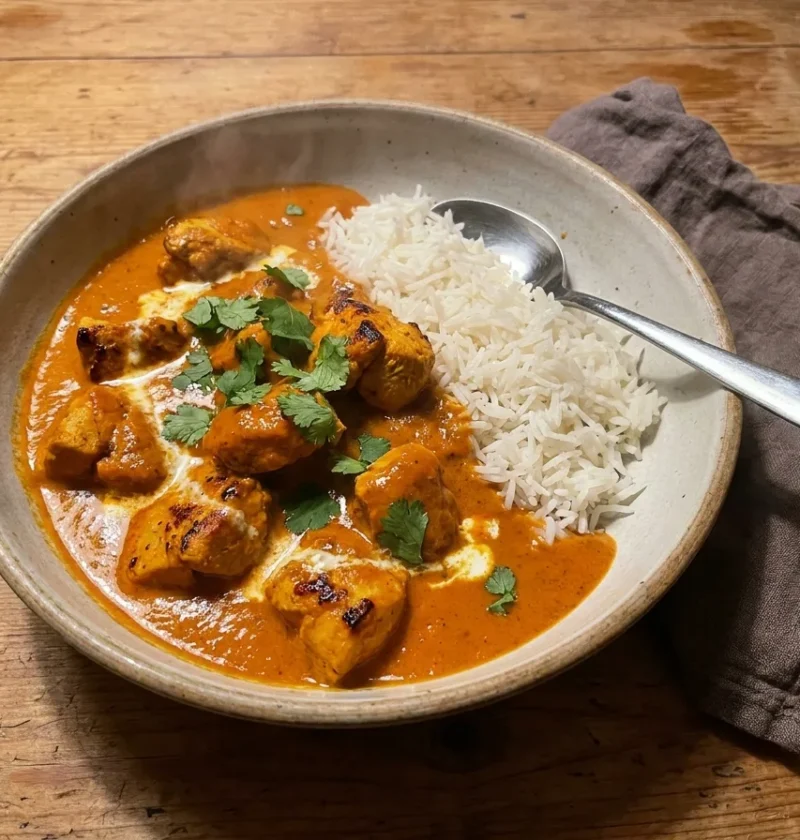 Gordon Ramsay butter chicken with golden marinated chicken cubes in a smooth velvety tomato cream sauce with basmati rice