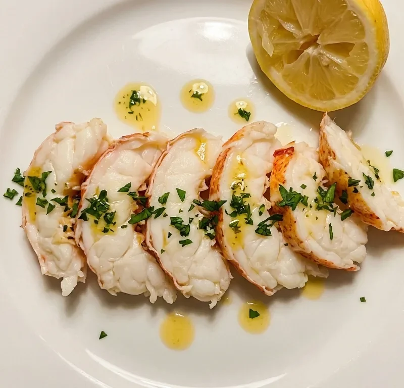 Gordon Ramsay butter poached lobster sliced on a white plate with golden herb butter and parsley