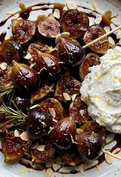 Gordon Ramsay caramelised figs on rosemary skewers with ricotta and balsamic caramel