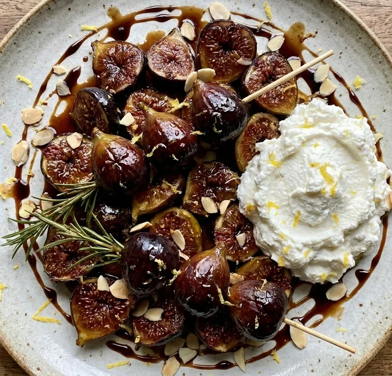 Gordon Ramsay caramelised figs on rosemary skewers with ricotta and balsamic caramel