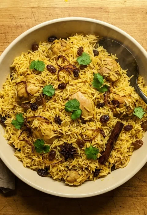 Gordon Ramsay chicken biryani with golden basmati rice, raisins, fried onions, star anise and coriander in a serving dish