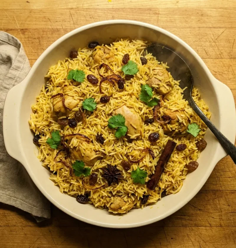 Gordon Ramsay chicken biryani with golden basmati rice, raisins, fried onions, star anise and coriander in a serving dish
