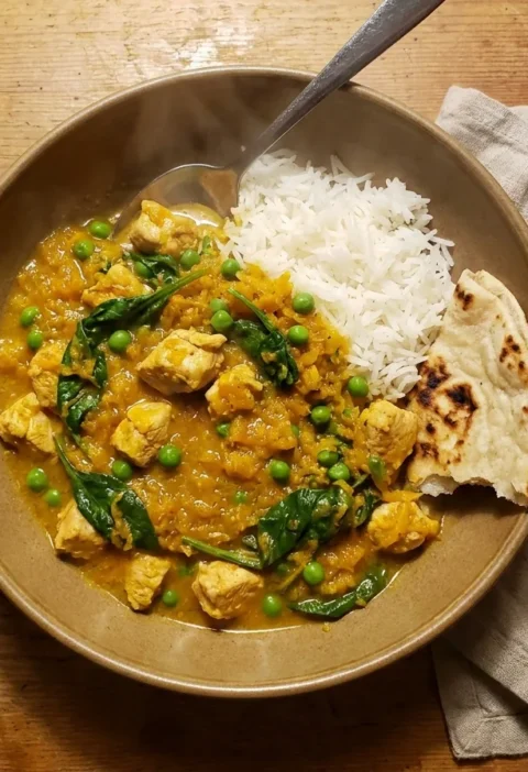 Gordon Ramsay chicken curry with butternut squash, peas and spinach in a golden coconut sauce with basmati rice and roti
