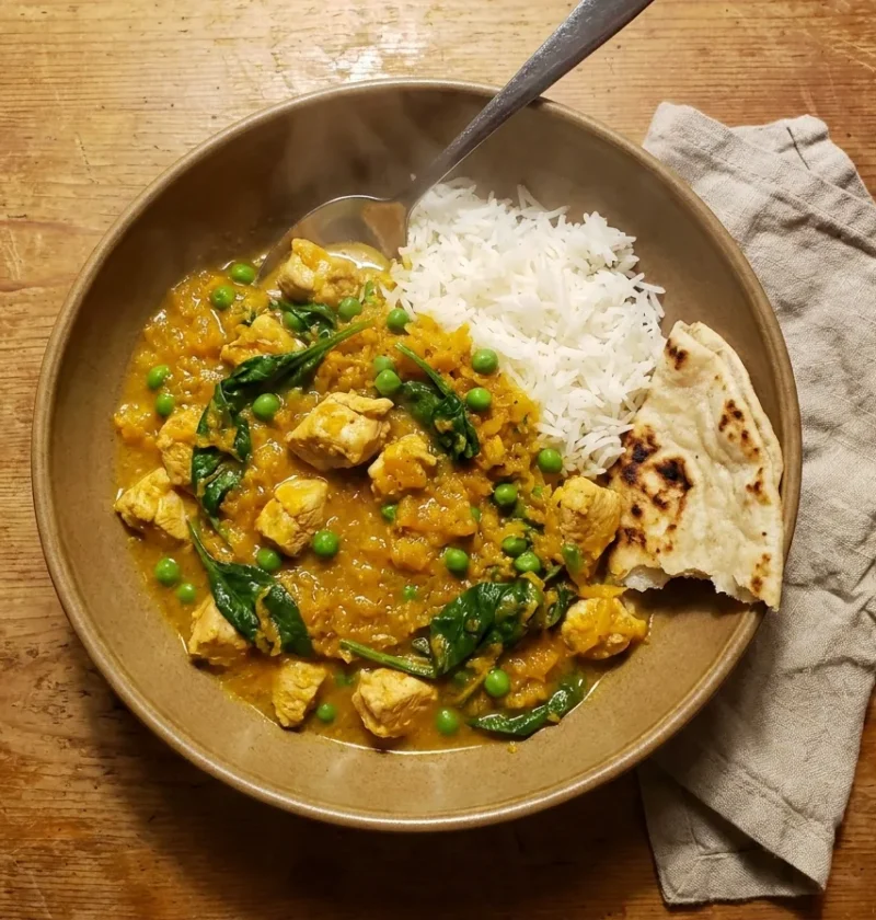 Gordon Ramsay chicken curry with butternut squash, peas and spinach in a golden coconut sauce with basmati rice and roti