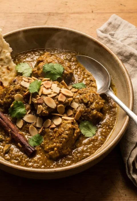 Gordon Ramsay korma with tender lamb in a dark golden almond and cashew sauce topped with toasted flaked almonds, coriander and naan
