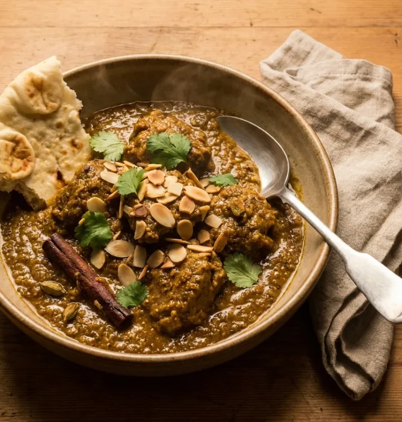 Gordon Ramsay korma with tender lamb in a dark golden almond and cashew sauce topped with toasted flaked almonds, coriander and naan
