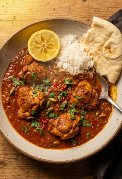 Gordon Ramsay chicken madras with seared chicken thighs in a deep red tomato curry sauce with lemon, basmati rice and naan
