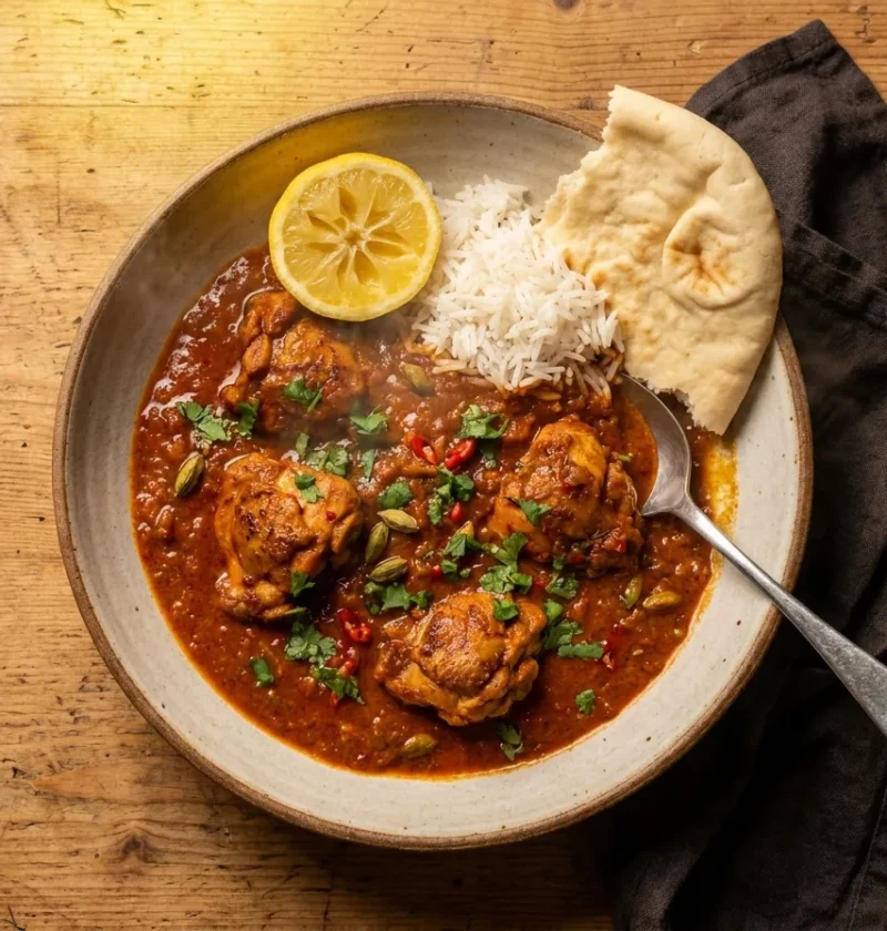 Gordon Ramsay chicken madras with seared chicken thighs in a deep red tomato curry sauce with lemon, basmati rice and naan