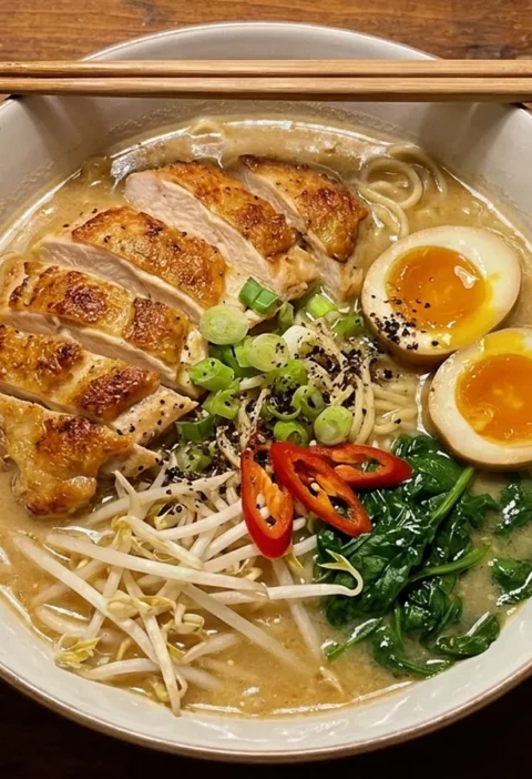Gordon Ramsay chicken ramen with crispy skin chicken, soft boiled eggs, spinach and beansprouts in miso broth