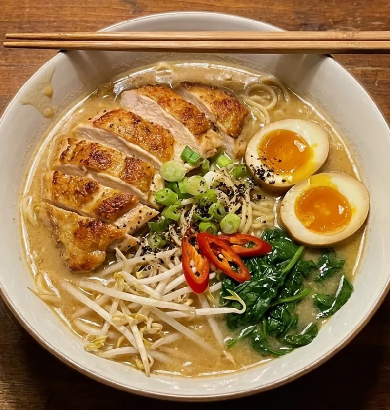 Gordon Ramsay chicken ramen with crispy skin chicken, soft boiled eggs, spinach and beansprouts in miso broth