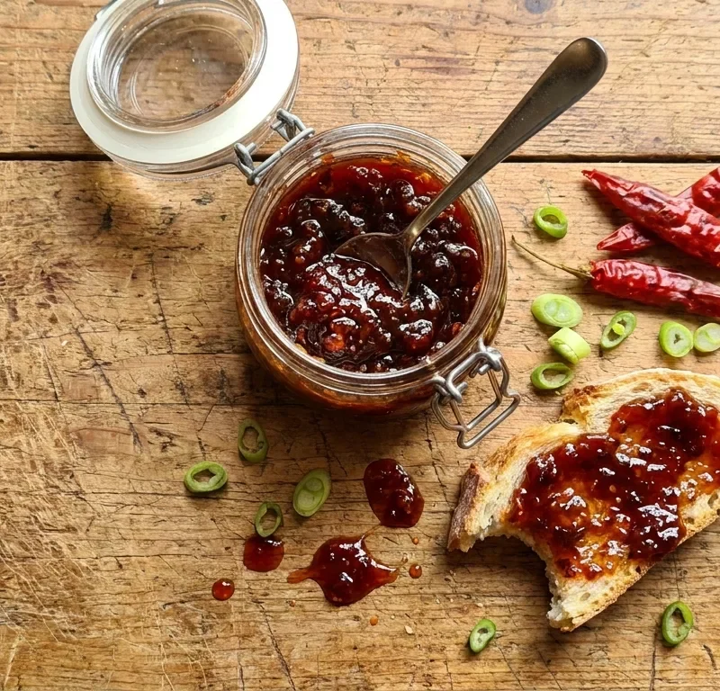 Gordon Ramsay chilli jam in a glass jar with a spoon red chillies and spring onions on a wood table