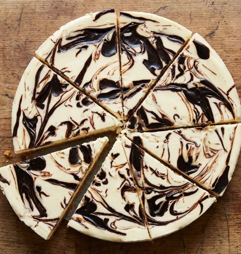 Gordon Ramsay chocolate swirl cheesecake cut into wedges showing dark chocolate ribbons marbled through the pale filling