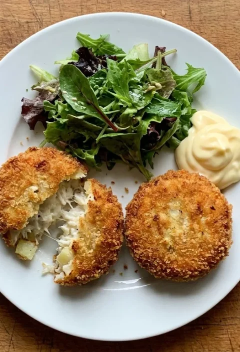 Gordon Ramsay crab cakes with golden breadcrumb crust on a white plate with mixed salad and mayonnaise