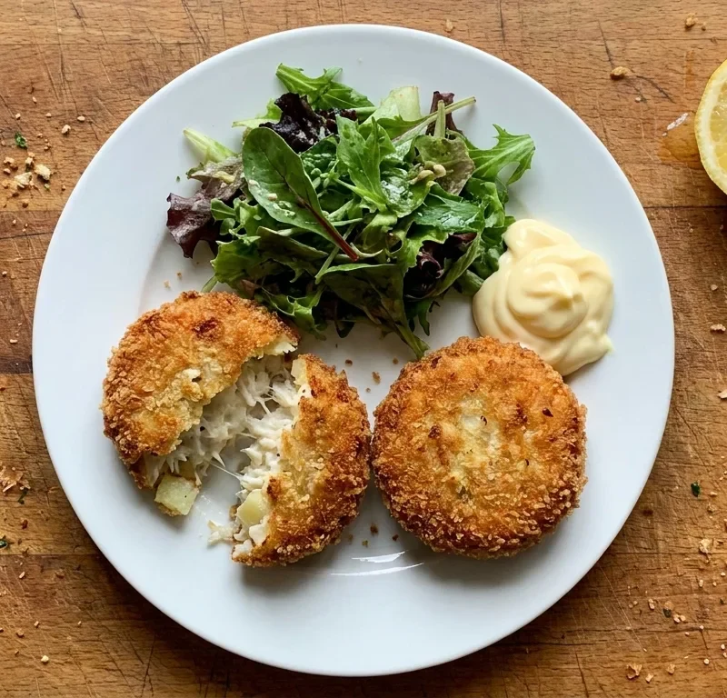 Gordon Ramsay crab cakes with golden breadcrumb crust on a white plate with mixed salad and mayonnaise