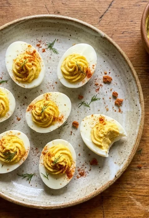Gordon Ramsay devilled eggs with smooth piped filling smoked paprika and fresh dill on a ceramic plate