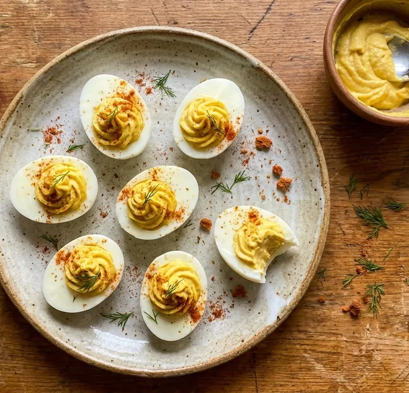 Gordon Ramsay devilled eggs with smooth piped filling smoked paprika and fresh dill on a ceramic plate