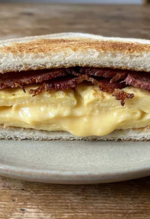 Gordon Ramsay egg sandwich cut open showing a thick layer of soft custardy folded egg under crisped corned beef