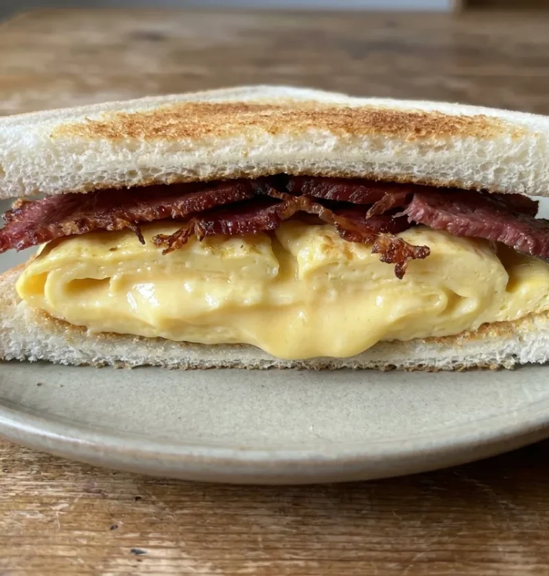 Gordon Ramsay egg sandwich cut open showing a thick layer of soft custardy folded egg under crisped corned beef