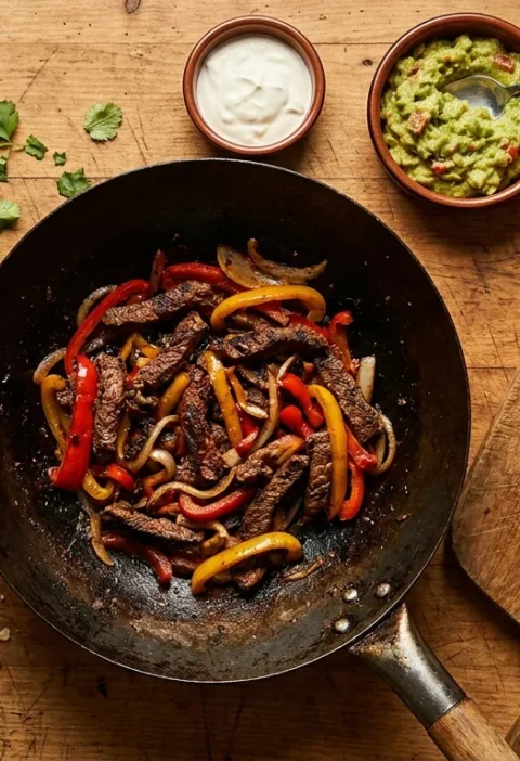 Gordon Ramsay fajitas with charred beef strips and peppers in a wok with tortillas guacamole and soured cream