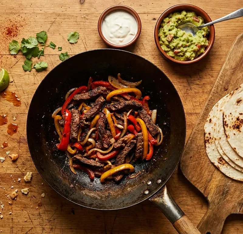 Gordon Ramsay fajitas with charred beef strips and peppers in a wok with tortillas guacamole and soured cream