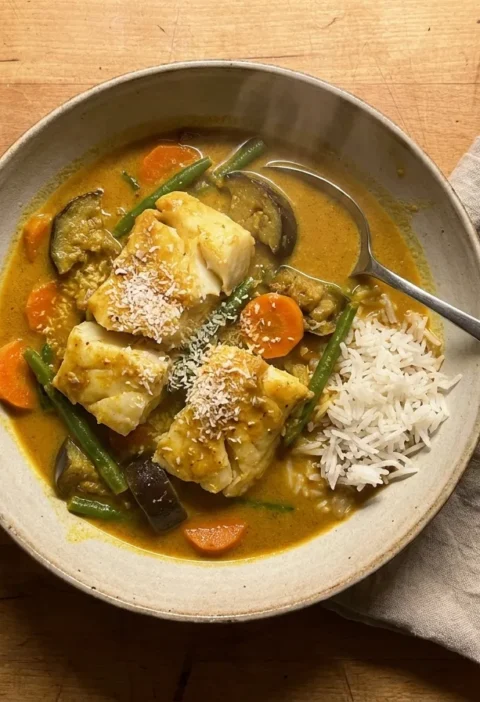 Gordon Ramsay fish curry with flaky cod, aubergine, carrots and green beans in a golden coconut tamarind sauce with basmati rice